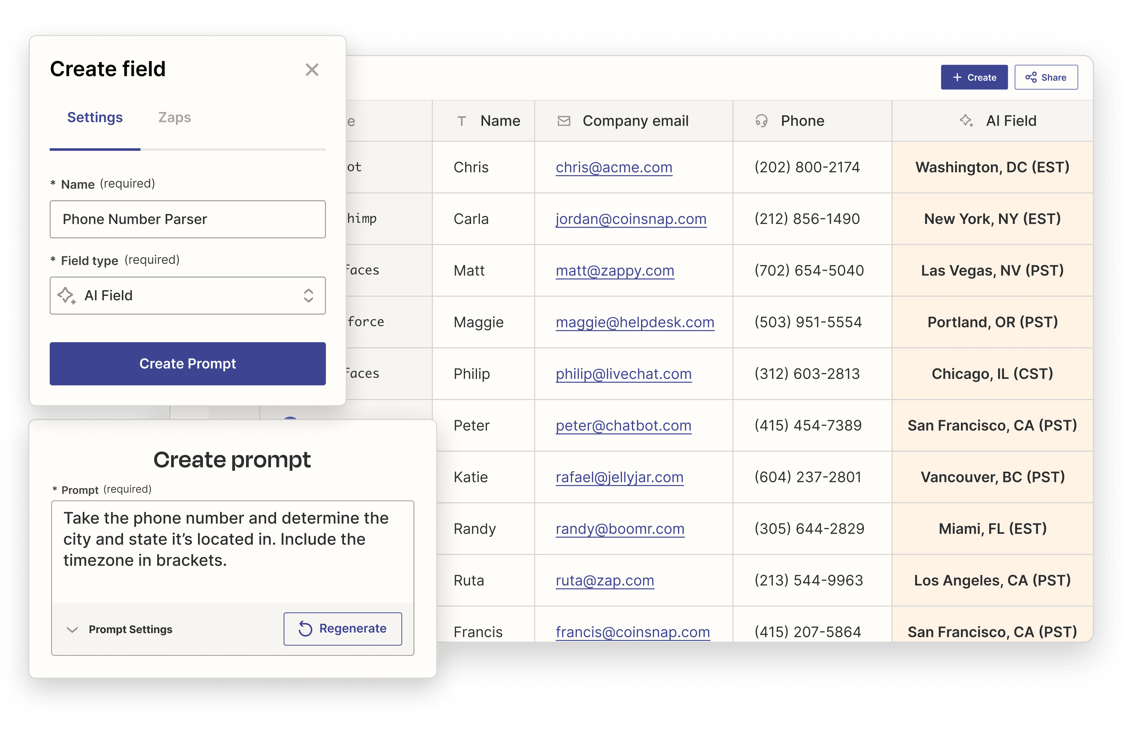 A Zapier Tables interface showing an AI automated field